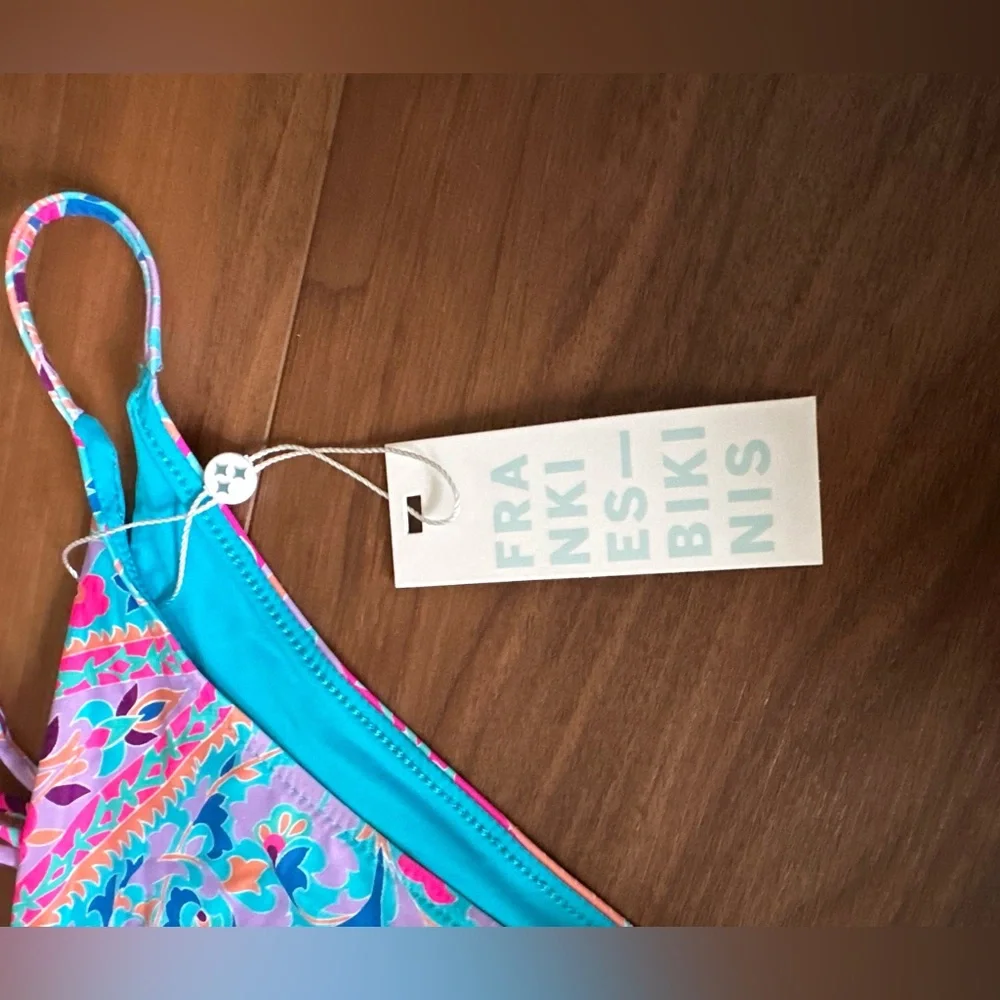 Frankies Bikinis Halo (Bottom Only) Blue Pink Paisley String Bikini Bottoms NWT